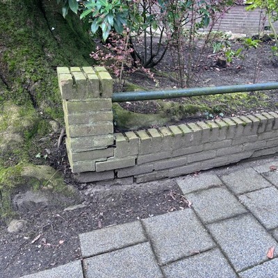 Metselwerk tuinafscheiding is deels kapotgedrukt voor honderd jaar oude boom. Dient te worden hersteld.  Afscheiding ter hoogte van de boom inkorten zodat deze meer ruimte heeft om  door te groeien. Metselstenen zijn aanwezig - zelfde soort en kleur -.  h
