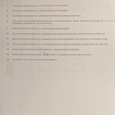 Op 7 augustus wordt de keuken geplaatst in een nieuwbouw appartement. Voor die tijd moet de keuken gereed gemaakt worden volgens het leidingschema die geleverd is door de keukenleverancier. De meeste aansluitingen staan al op de juiste plek, alleen de aan