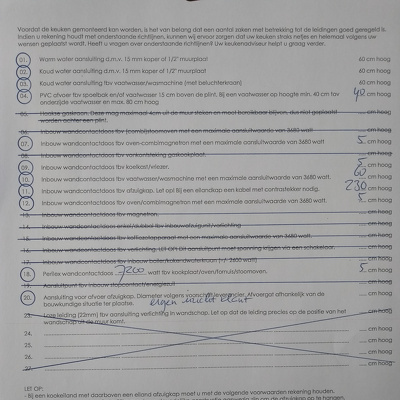 31 mei - 4 juni.  Water en elektra aansluitingen verplaatsen/aanmaken voor nieuwe keuken.  Nieuwe keuken heeft inductieplaat (7200W Perilex aansluiting nodig). Verplaatsen van afzuigkap afvoer. Demonteren (en evt. weghalen) van de oude keuken.  Verwijdere